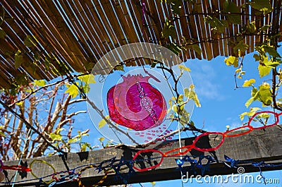 Decorations inside a Jewish family Sukkah Stock Photo