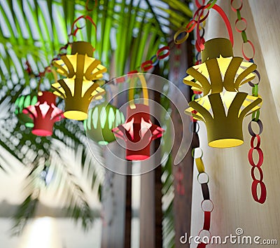 Decorations inside a Sukkah during the Jewish holiday Stock Photo