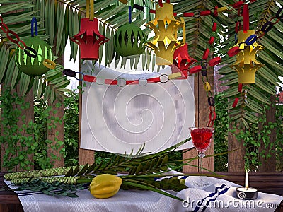 Decorations inside a Sukkah during the Jewish holiday Stock Photo