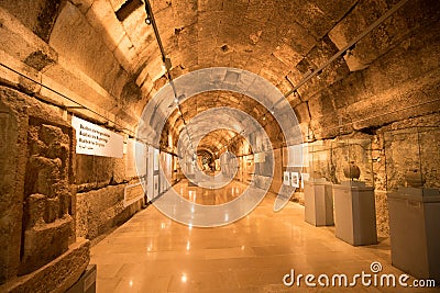 Decorations in the museum in the tunnel under the Great Court of the temple of Jupiter. The ruins of the Roman city of Heliopolis Editorial Stock Photo