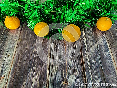 Decorations. New Year decoration. Green rain, Christmas balls, stars and gifts. Good New Year spirit. Signature space Stock Photo
