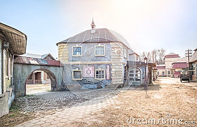 decorations of trading house. Signs: Trading House of Brudin factory owners. Grocery Editorial Stock Photo