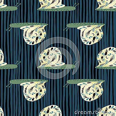 Decorative animal print with snail ornament seamless pattern. Nature simple backdrop with striped navy blue background Cartoon Illustration