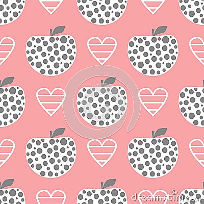 Decorative apples and a striped heart. Cute feminine seamless pattern. Vector Illustration