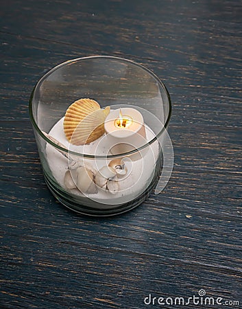 Decorative art, imitated sea in small glass. Decorative sea with Stock Photo