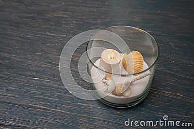 Decorative art, imitated sea in small glass. Decorative sea with Stock Photo