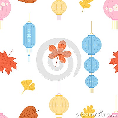 Decorative asian style lantern seamless pattern. Korean, japanese or chinese print template with festival elements Vector Illustration