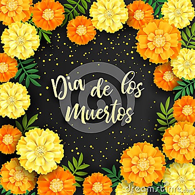 Decorative background with orange marigolds, symbol of mexican holiday Day of dead. Vector illustration Vector Illustration