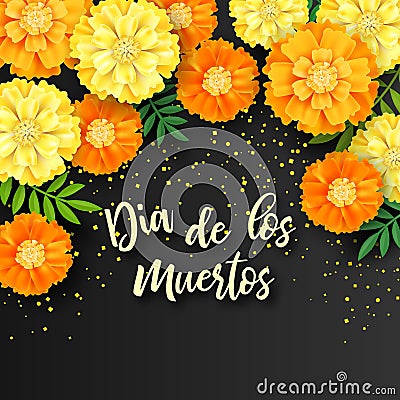 Decorative background with orange marigolds, symbol of mexican holiday Day of dead. Vector illustration Vector Illustration