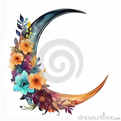 Decorative Beautiful Floral Crescent Moon Element, Eid Mubarak. Generative AI Stock Photo