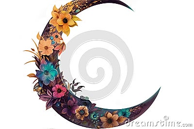 Decorative Beautiful Floral Crescent Moon Element, Eid Mubarak. Generative AI Stock Photo