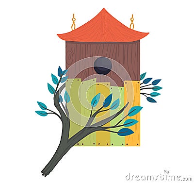 Decorative bird handmade house, home for wildlife character poultry isolated on white, cartoon vector illustration. Cozy Vector Illustration