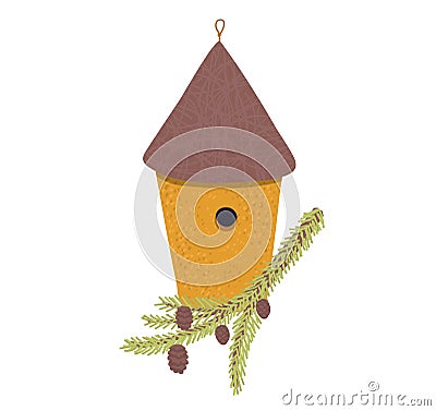 Decorative bird handmade house, home for wildlife character poultry isolated on white, cartoon vector illustration. Cozy Vector Illustration