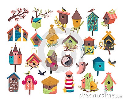 Decorative bird house vector illustration set, cartoon cute birdhouse for flying birds, cute birdbox flat icons isolated Vector Illustration