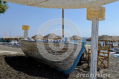 Kamari Beach on Santorini, Greece Stock Photo