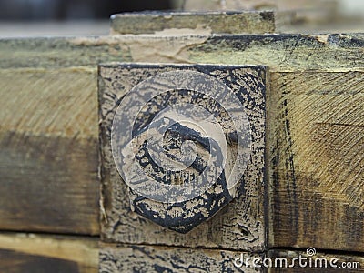 Decorative bolt in rough wood Stock Photo