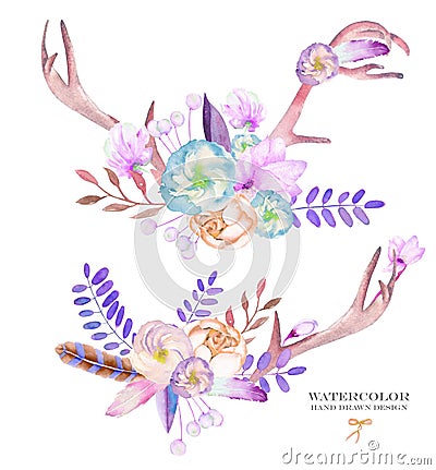 A decorative bouquets with the watercolor floral elements: flowers, leaves, feathers, arrows and branches Stock Photo