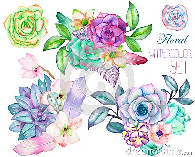 A decorative bouquets with the watercolor floral elements: succulents, flowers, leaves and branches Stock Photo