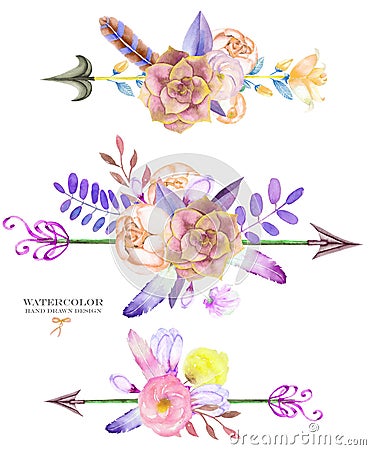 A decorative bouquets with the watercolor floral elements: succulents, flowers, leaves, feathers, arrows and branches Stock Photo