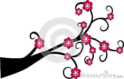 Decorative Branch Tree Silhouette With Red Flower Vector Illustration