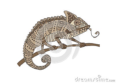 Decorative brown chameleon on the branch, flat design. Vector illustration, isolated Vector Illustration