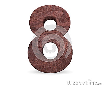 Decorative Brown polished wooden alphabet digit eight symbol - 8. 3d rendering illustration. Isolated on white background. Cartoon Illustration