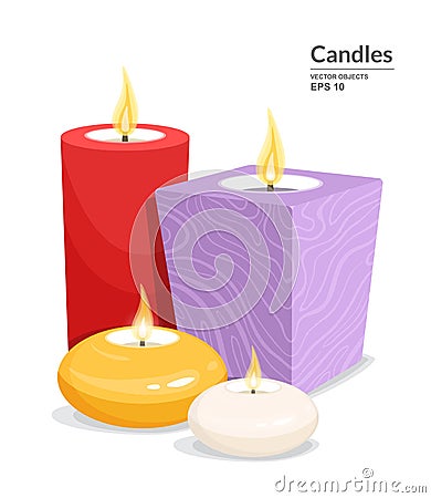 Decorative burning candles set isolated on white background. Different types and colors of handmade candles. Vector Vector Illustration