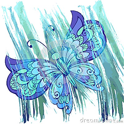 Decorative butterfly with watercolor background color indigo. Hand draw Vector Illustration