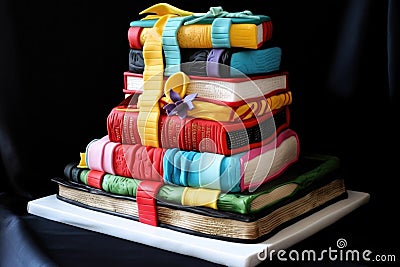 decorative cake made to resemble giant stack of books with pops of color Stock Photo