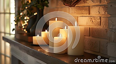 Decorative candles line the mantel casting flickering shadows and adding an extra layer of ambiance to the space. 2d Stock Photo