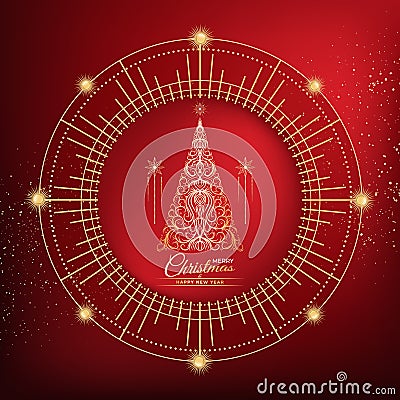 Decorative card of golden Christmas tree, stars, text. Happy New Year, Merry Christmas symbol, round ornate composition, elements Vector Illustration