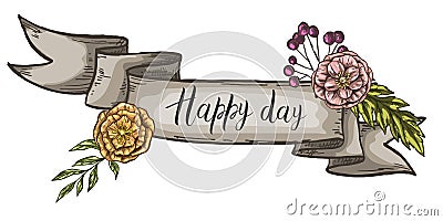 Decorative card with kraft ribbon and wildflowers. Happy Day lettering. Isolated on white background. Vector illustration Stock Photo