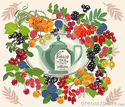 Decorative card with tea set and berries. Vector illustration. Vector Illustration