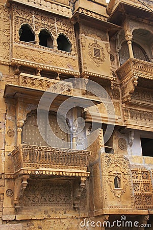 Decorative carving on traditional haveli, Jaisalmer, India Stock Photo