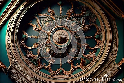 a decorative ceiling with a circular design on it's side and a clock on the side of the ceiling Stock Photo