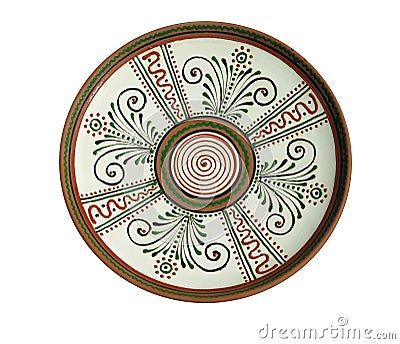 Decorative ceramic plate with traditional balcanic ethnic ornament pattern isolated on white background Stock Photo