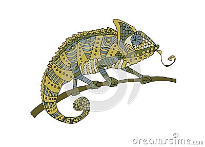 Decorative chameleon on the branch, flat design. Vector illustration, isolated Vector Illustration