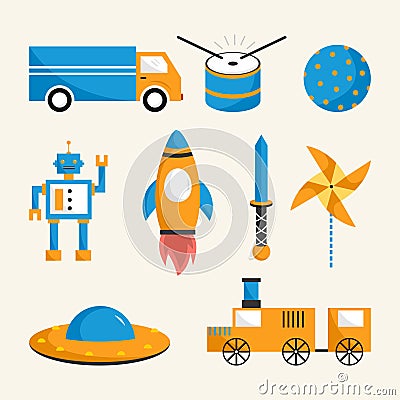 Decorative children toys set of train, robot, truck, rocket, ball, drum, pinwheel, ufo and sword isolated on white background. Vector Illustration
