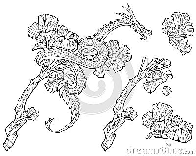Decorative Chinese dragon on a tree. Bushes and a tree separate Vector Illustration