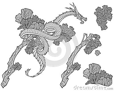 Decorative Chinese dragon on a tree. Bushes and a tree separate elements Vector Illustration
