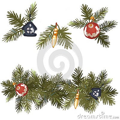 Decorative christmas design element. Christmas tree with decorations. Isolated on white background. A set of patterns. Stock Photo