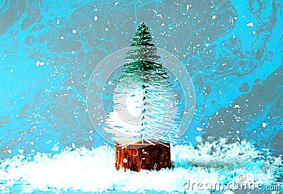 Decorative Christmas tree on abstract background with mixed acrylic paints. Design Trend: Psych Out. Free form flow. Stock Photo