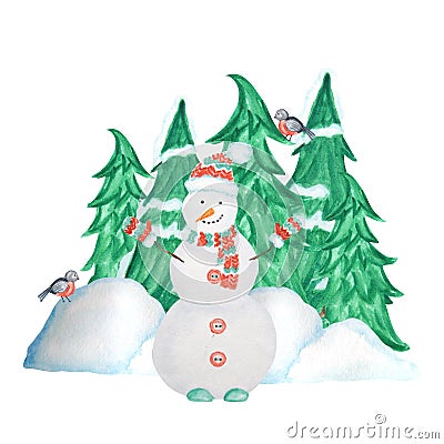 Decorative Christmas tree in winter with snow, Snowman and Bullfinch bird couple and snowdrifts. Front view, arrow head Stock Photo