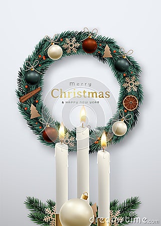 Decorative Christmas wreath and burning candles Vector Illustration