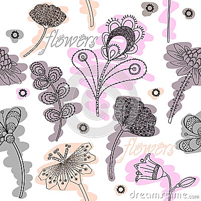 Seamless texture with painted lines of flowers on a white background. Vector Illustration