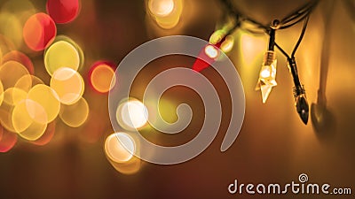 Decorative Colorful Blurred Lights On Golden Background. Christmas Abstract Soft Lights. Colorful Bright Circles Of A Sparkling Stock Photo