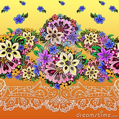 Decorative colorful indian floral motif. Seamless pattern on yellow background. Cartoon Illustration