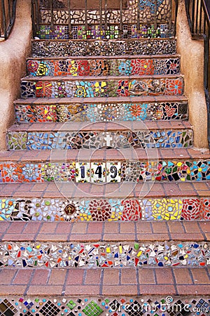 Decorative Tiled Southwest Stairway in Santa Fe, New Mexico Stock Photo