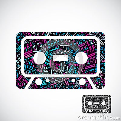 Decorative colorful vector cassette tape symbol filled with musical notes isolated on white background. Vector Illustration