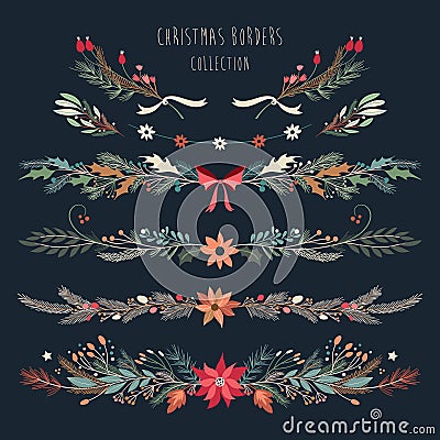 Christmas decorative borders with hand drawn floral branches Vector Illustration